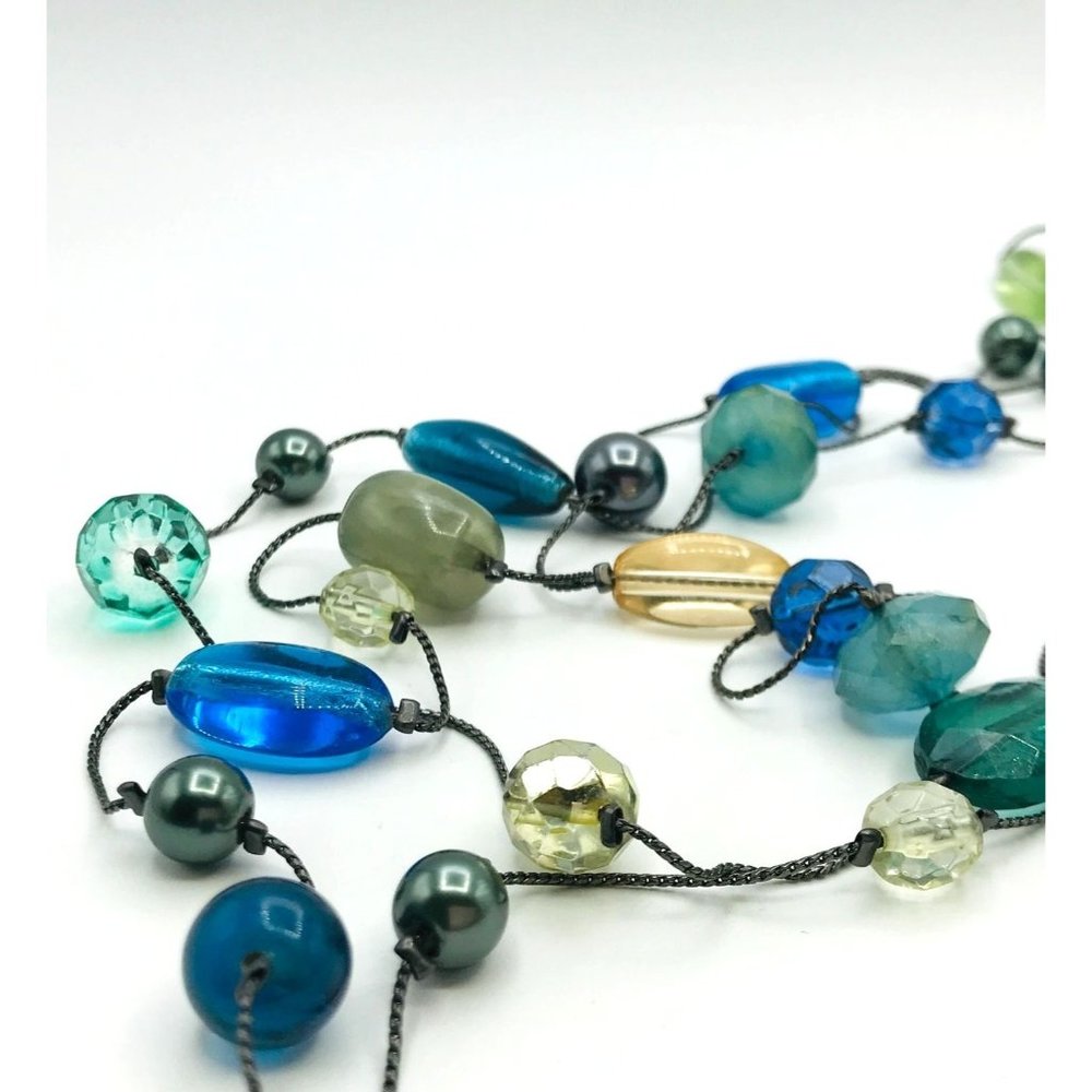 Necklace blue, green, glass beads 3 strands by Lia Sophia 32" length